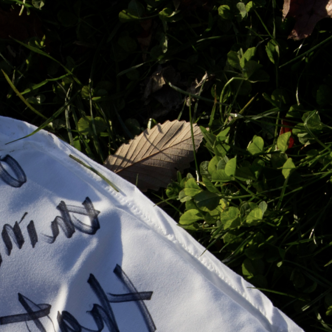 A folded paper form resting on dark foliage.