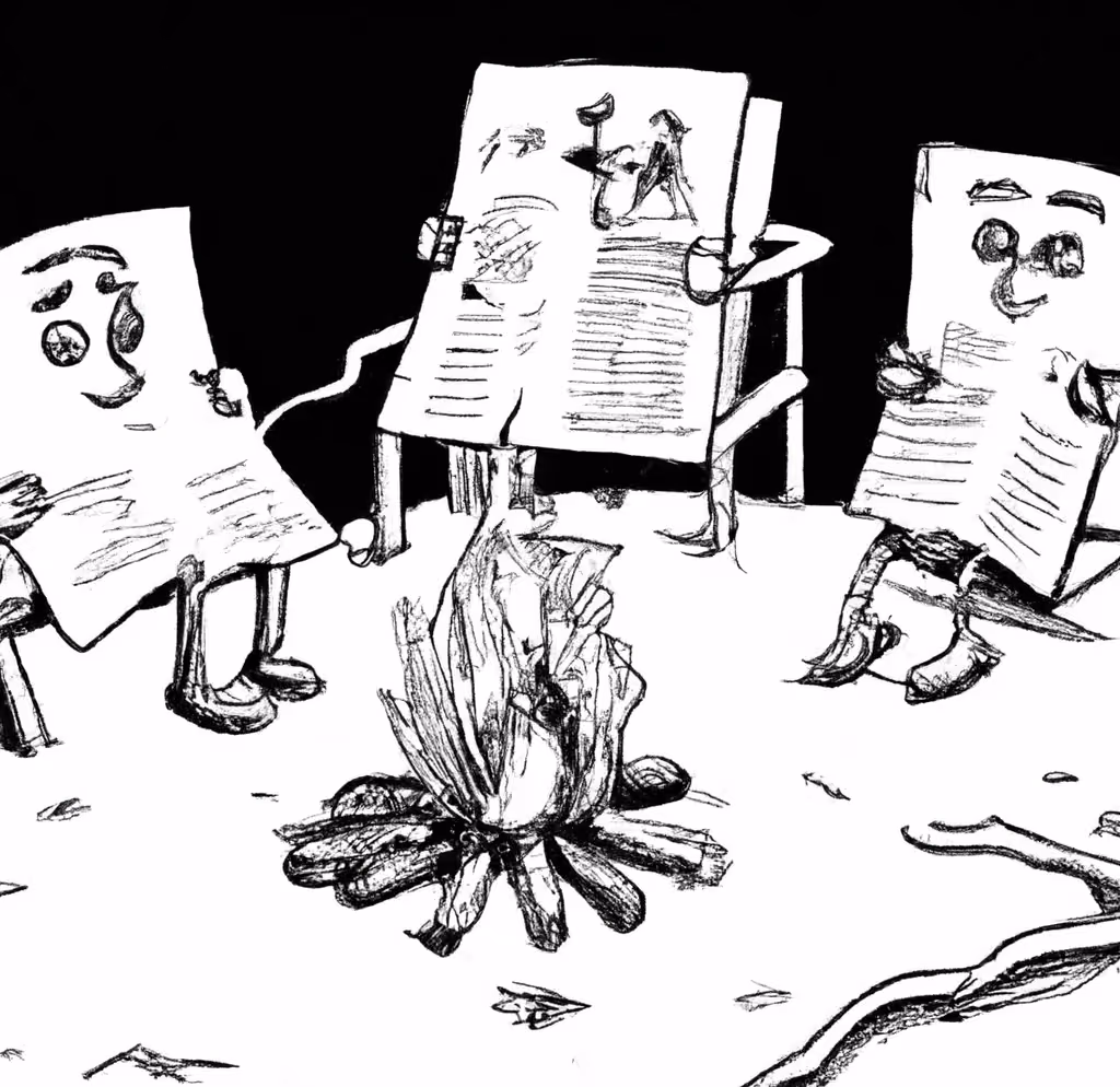 AI image of "new-yorker style cartoon of anthropomorphic newspapers sitting around a campfire telling stories" - created with Dall-E