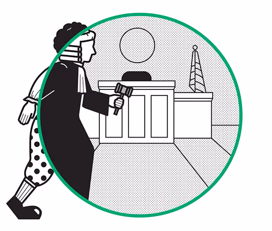 A clown becomes a judge when entering a courtroom - illustration by Erica Holeman