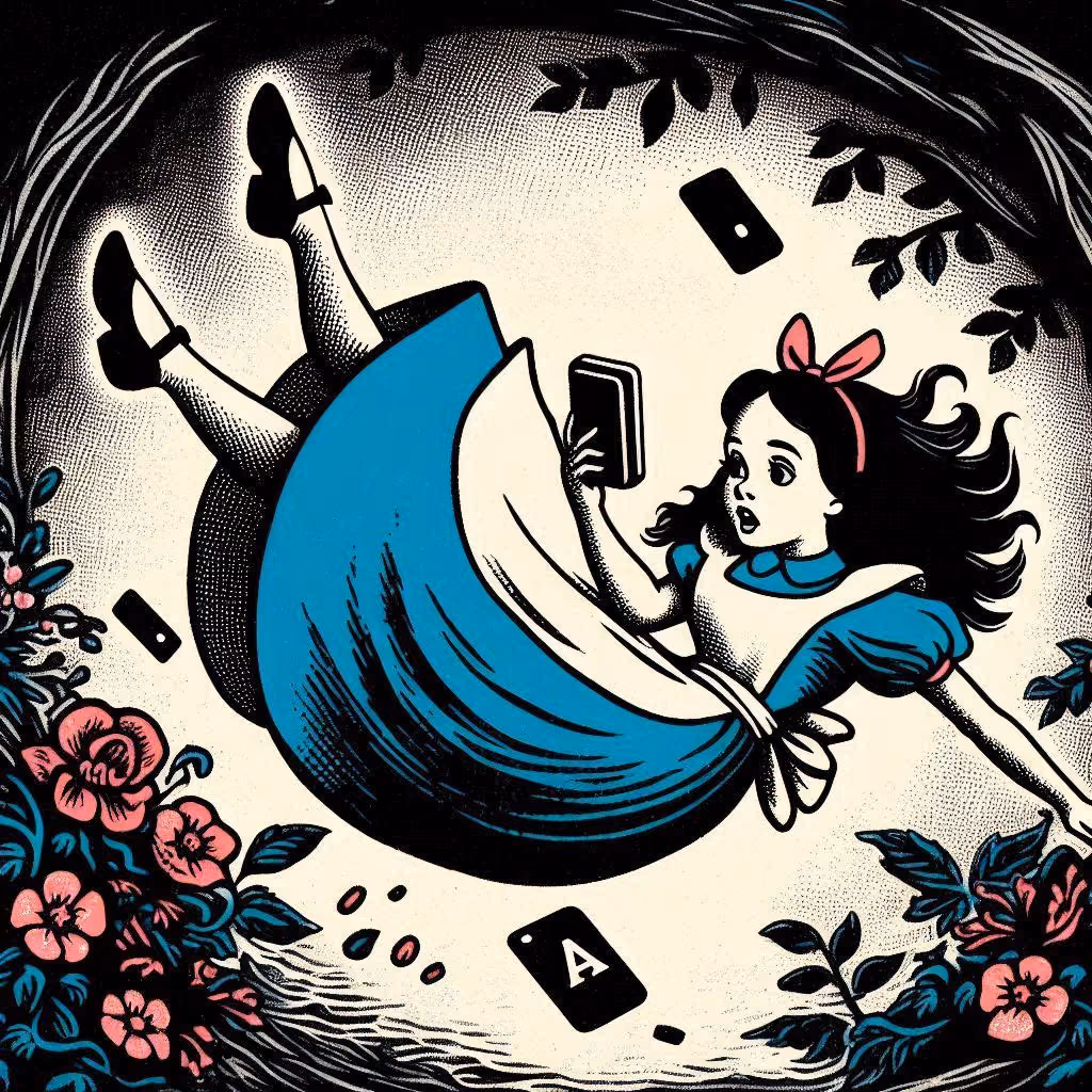 AI image of alice falling down the rabbit hole with a phone in her hand - made with CoPilot